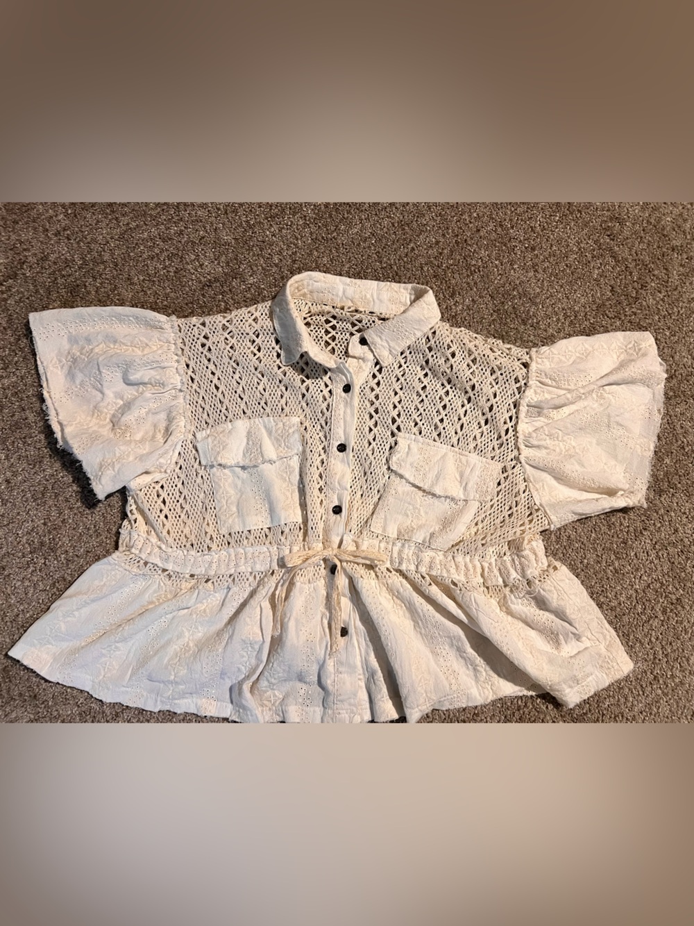 POL Cream Crochet Button-Front Blouse Boho